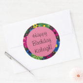 花カラフル黒とピンクの誕生日 ラウンドシール (封筒)