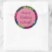 花カラフル黒とピンクの誕生日 ラウンドシール (バッグ)