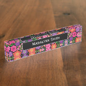 花カラフル黒の背景と名前 デスクネームプレート (側面)