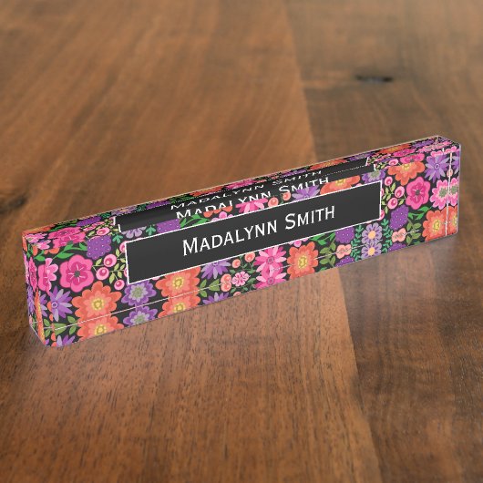 花カラフル黒の背景と名前 デスクネームプレート (側面)