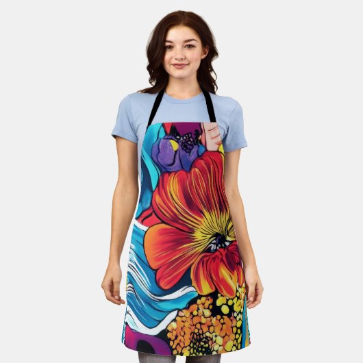 花カラフル エプロン (着用した状態)