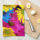 花カラフル、デイジー – ブルーイエローピンク キッチンタオル (四つ折り)