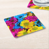 花カラフル、デイジー – ブルーイエローピンク スクエアペーパーコースター (アングル)