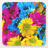 花カラフル、デイジー – ブルーイエローピンク スクエアペーパーコースター (正面)