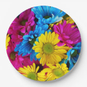 花カラフル、デイジー – ブルーイエローピンク ペーパープレート (正面)