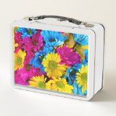 花カラフル、デイジー – ブルーイエローピンク メタルランチボックス (裏面)