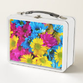 花カラフル、デイジー – ブルーイエローピンク メタルランチボックス (正面)