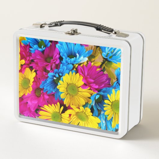花カラフル、デイジー – ブルーイエローピンク メタルランチボックス (正面)