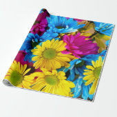 花カラフル、デイジー – ブルーイエローピンク ラッピングペーパー (アンロールド)