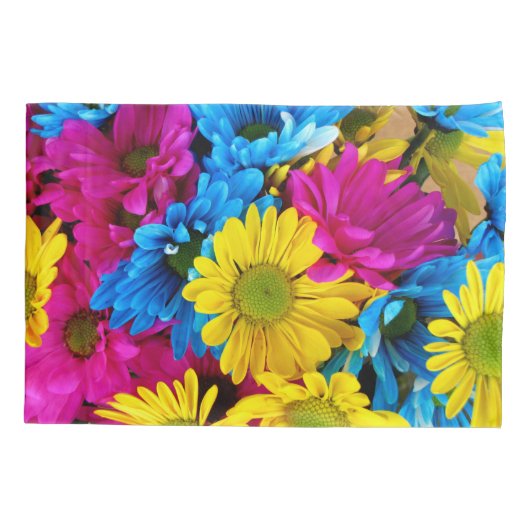 花カラフル、デイジー – ブルーイエローピンク 枕カバー (裏面)