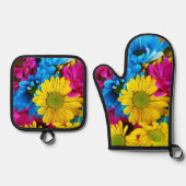 花カラフル、デイジー – ブルーイエローピンク 鍋つかみ&鍋敷きセット (正面)