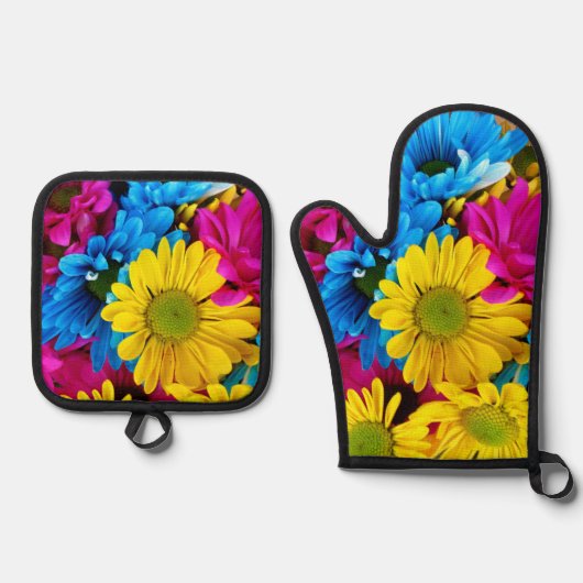 花カラフル、デイジー – ブルーイエローピンク 鍋つかみ&鍋敷きセット (正面)
