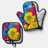 花カラフル、デイジー – ブルーイエローピンク 鍋つかみ&鍋敷きセット (正面/裏面)