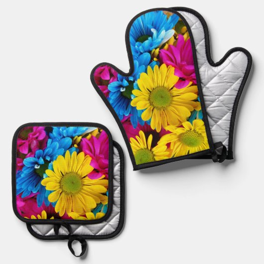 花カラフル、デイジー – ブルーイエローピンク 鍋つかみ&鍋敷きセット (正面/裏面)