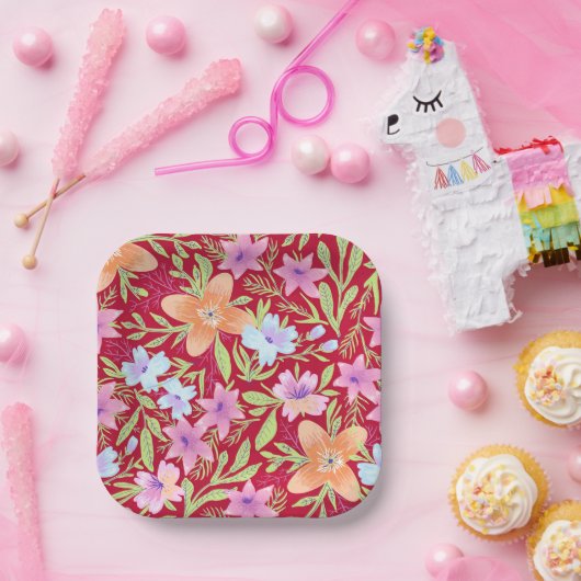 花カラフル、ピンク、珊瑚 ペーパープレート (パーティー)