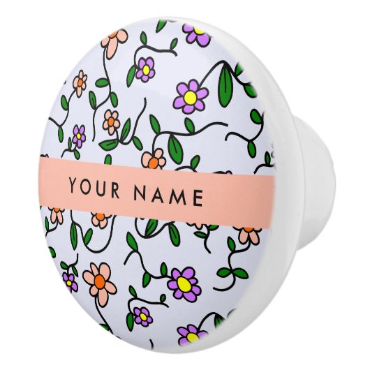 花カラフル、青い背景、オレンジ セラミックノブ (右)