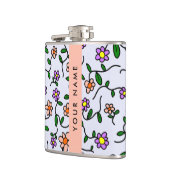 花カラフル、青い背景、オレンジ フラスク (左)