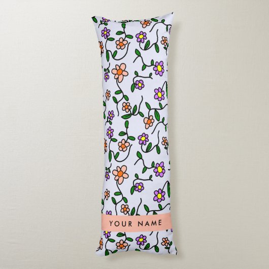 花カラフル、青い背景、オレンジ ボディピロー (裏面 (縦))