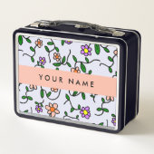花カラフル、青い背景、オレンジ メタルランチボックス (裏面)