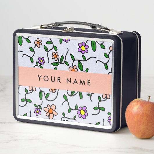 花カラフル、青い背景、オレンジ メタルランチボックス (インサイチュ)