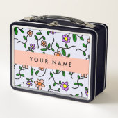 花カラフル、青い背景、オレンジ メタルランチボックス (正面)