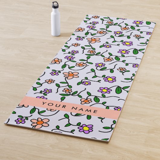 花カラフル、青い背景、オレンジ ヨガマット (インサイチュ)