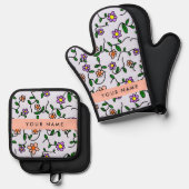 花カラフル、青い背景、オレンジ 鍋つかみ&鍋敷きセット (正面/裏面)