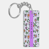 花カラフル、青い背景、紫 キーホルダー (正面左)
