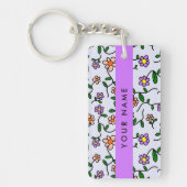 花カラフル、青い背景、紫 キーホルダー (正面)