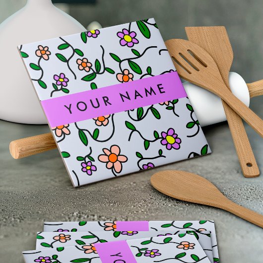 花カラフル、青い背景、紫 タイル