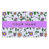 花カラフル、青い背景、紫 名札 (正面)