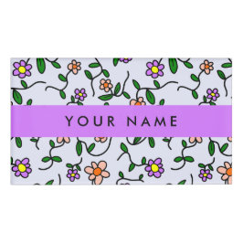 花カラフル、青い背景、紫 名札