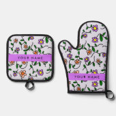 花カラフル、青い背景、紫 鍋つかみ&鍋敷きセット (正面)