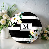 花ガーリーモノグラム白黒ストライプの ラウンドクッション