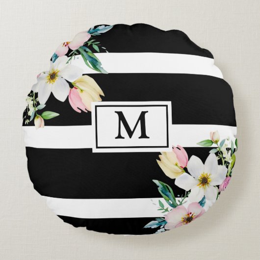 花ガーリーモノグラム白黒ストライプの ラウンドクッション (正面)