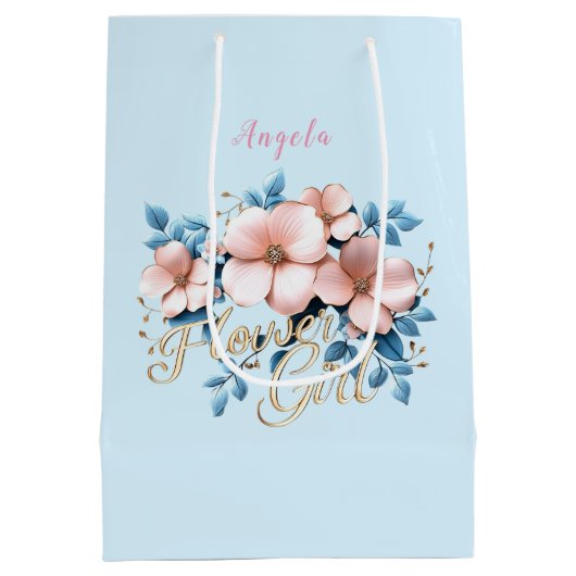 花ガールピンクと青の花 ミディアムペーパーバッグ (裏面)