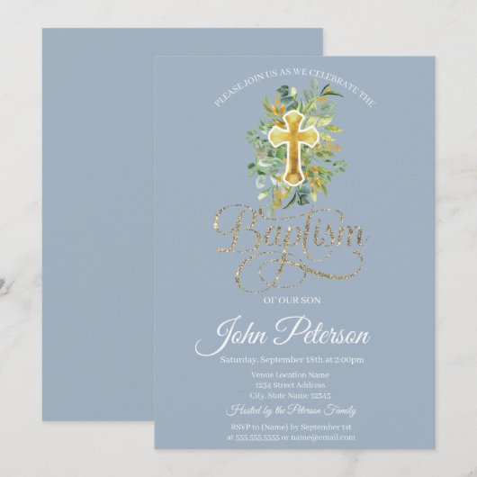 花クロス 洗礼 くすんだ青 招待状 (正面/裏面)