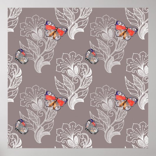 花グラフィックと蝶、水色、パターン ポスター (正面)