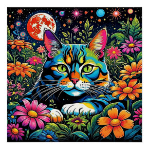 花サイケデリックの間の猫 ポスター