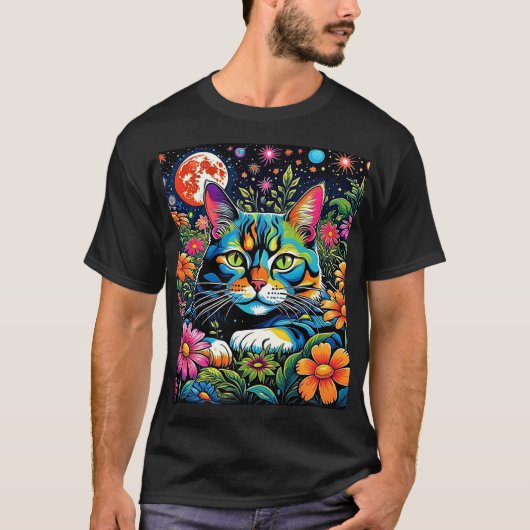 花サイケデリックの間の猫 Tシャツ (正面)