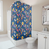 花サイケデリック柄x4青BG シャワーカーテン (インサイチュ)