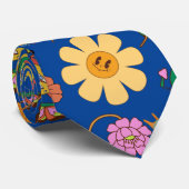 花サイケデリック柄x4青BG ネクタイ (ロール)