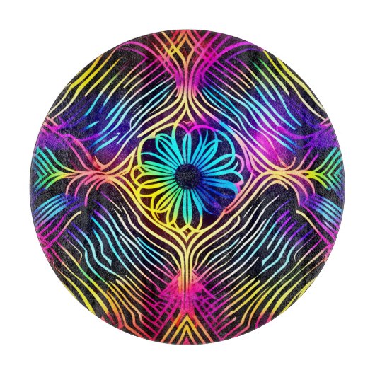 花サイケデリック画のネオンライン カッティングボード (正面)