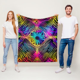 花サイケデリック画のネオンライン フリースブランケット