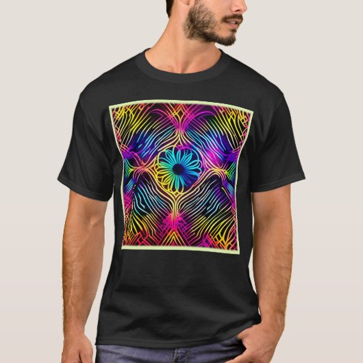 花サイケデリック画のネオンライン Tシャツ (正面)