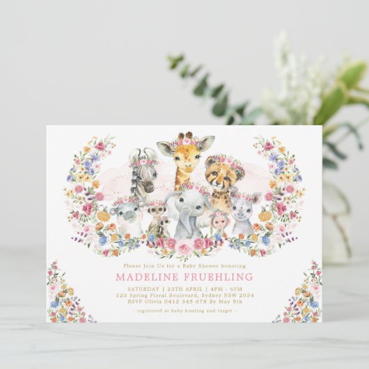 花サファリカラフルアニマルガールベビーシャワー 招待状 (スタンド正面)