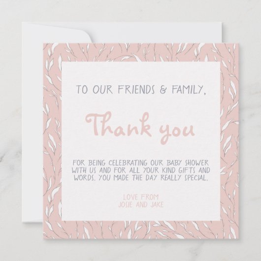 花シンプル赤ちゃんシャワーピンクサンキューカード 招待状 (正面)
