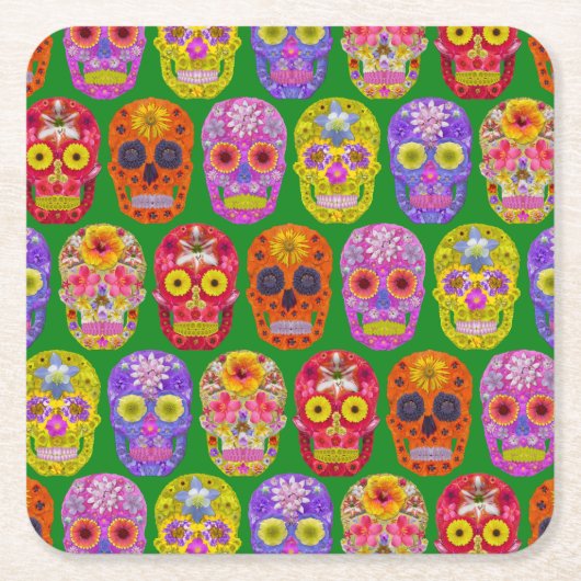 花スカルシームレスパターン2018 スクエアペーパーコースター (正面)