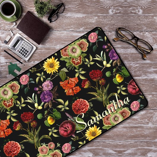 花スタイリッシュと葉黒花柄 デスクマット