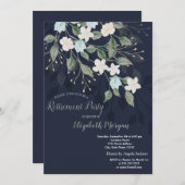 花スタイリッシュネイビーブルー退職金 招待状 (正面/裏面)